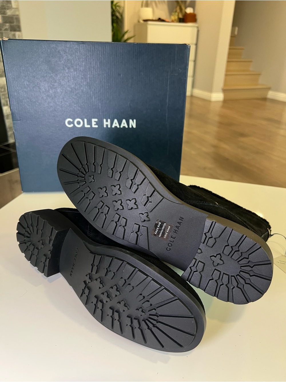 Cole Haan Black Suede Shearling-Lined Buckle Ankle Boots - Picture 6 of 8